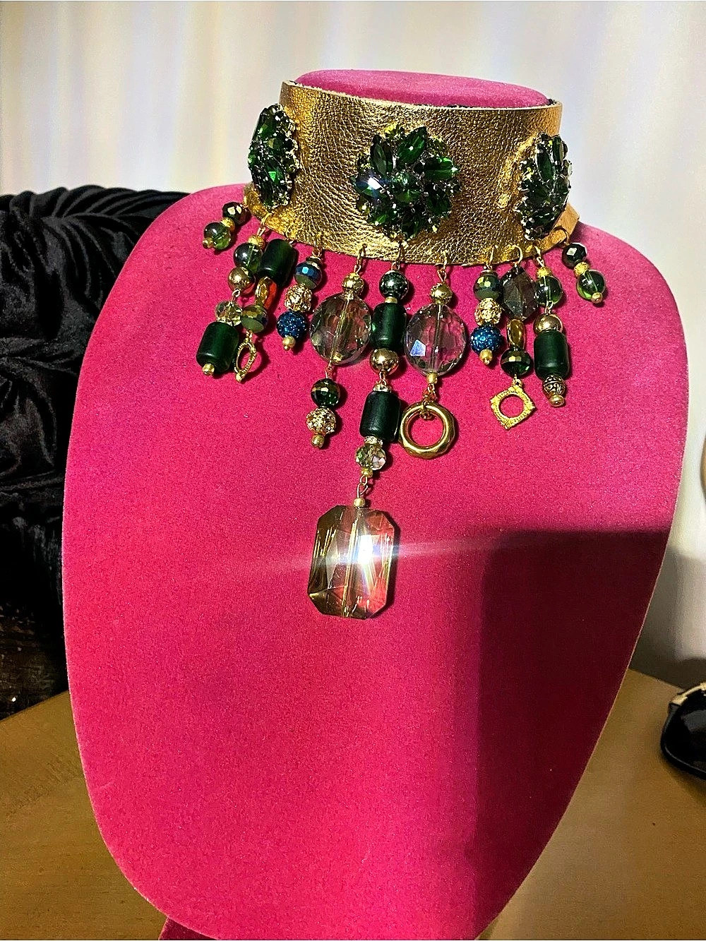 Statement Gold and Green Genuine Leather Choker